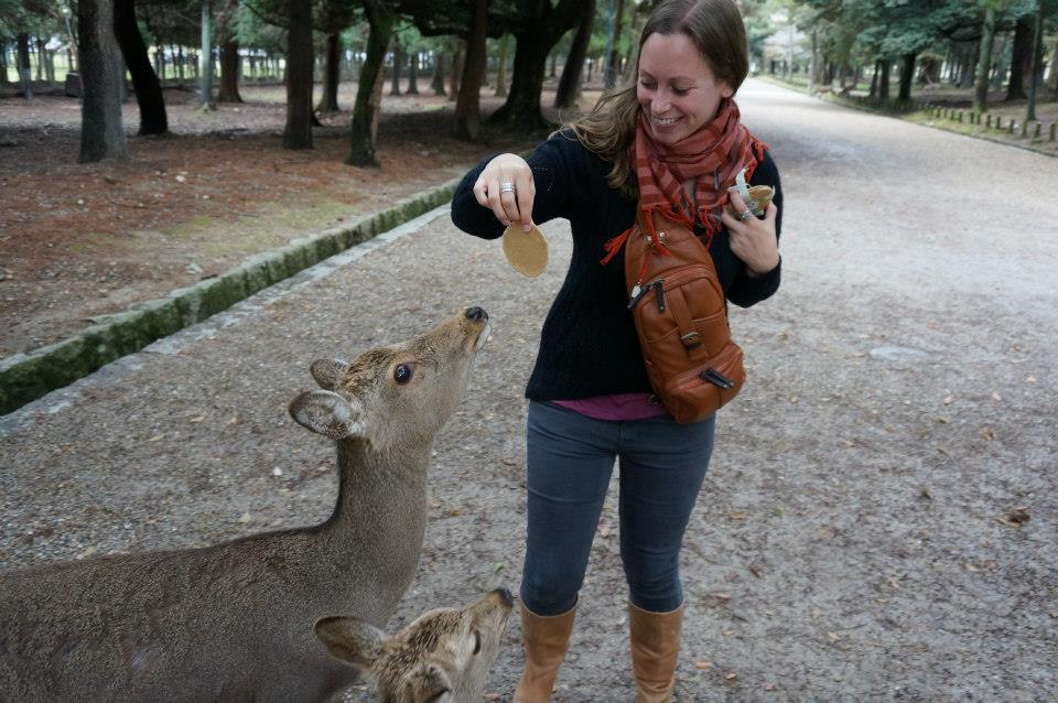 Rachel Kurzyp feeding deer in Nara
